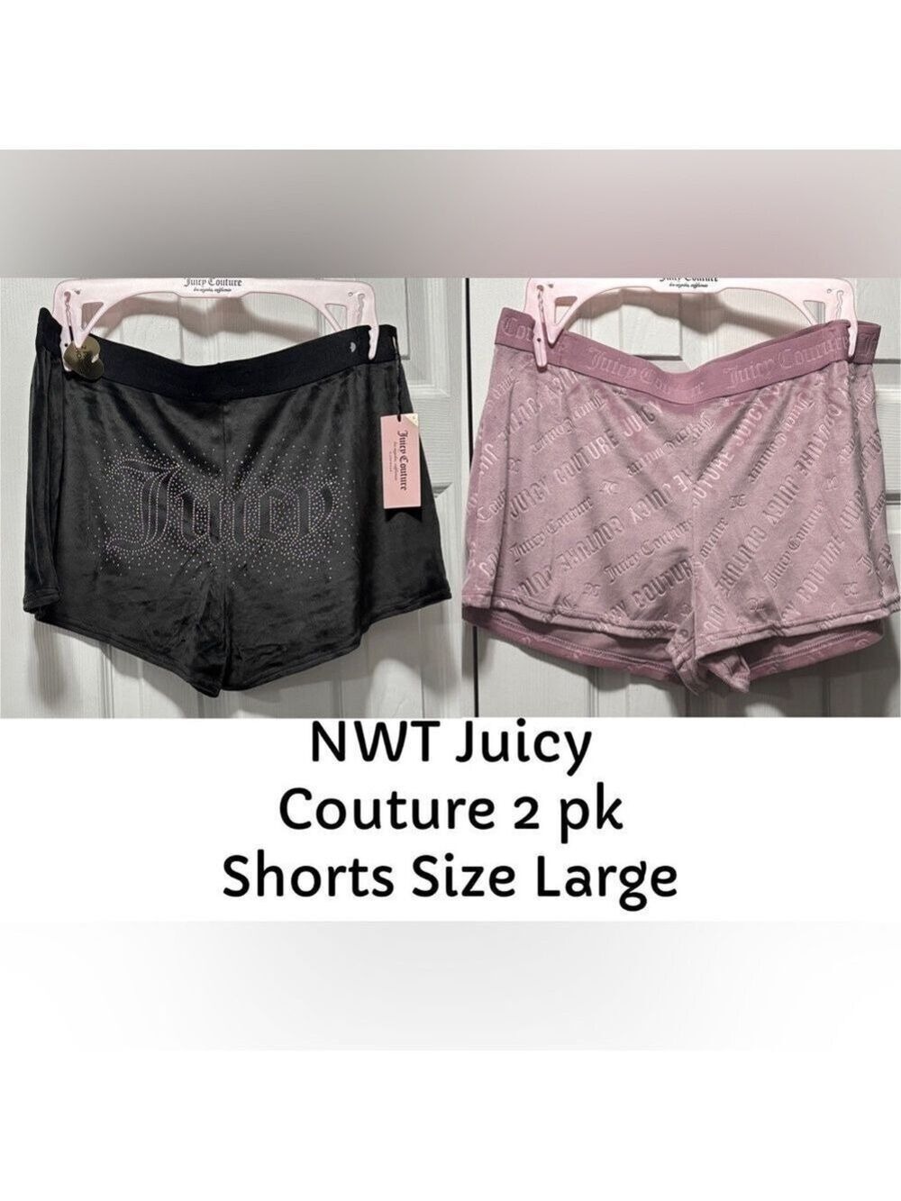 NWT Juicy Couture 2PK Shorts Lounge Velour Black Light Rose Size Large Brand NEW